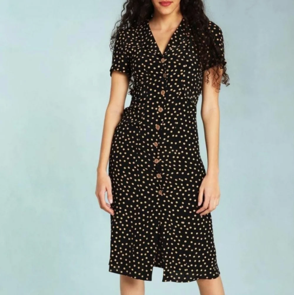 Rouje Marin Dress Black Gold Dots Midi Dress Button Down Size 34 US 2
